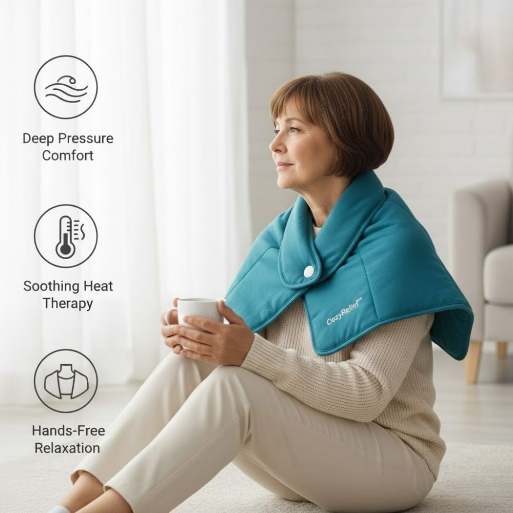 CozyRelief™ Deep-Pressure Relief Wrap: Heated Weighted Therapy for Neck & Shoulders